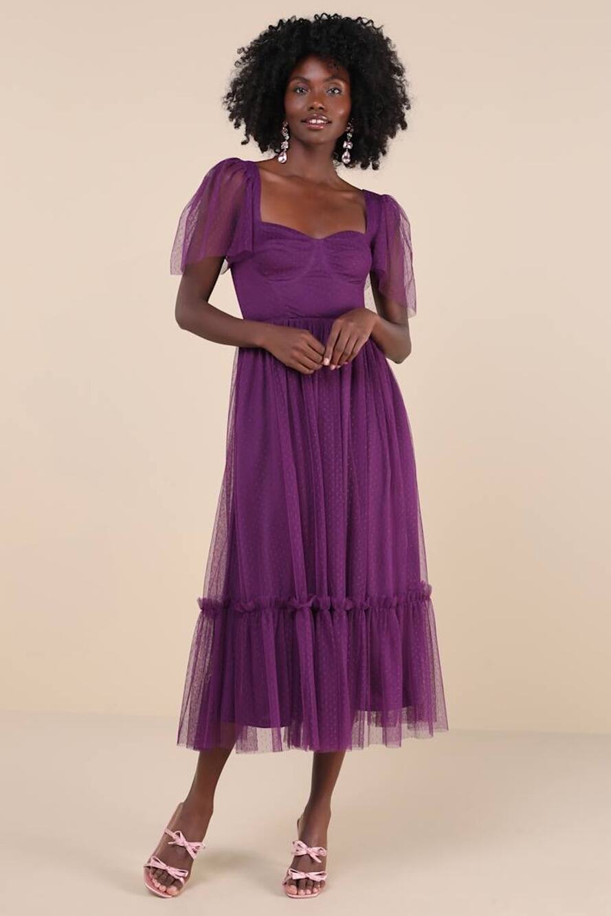 Lulus Dreamy Celebration Plum Purple Tulle Bustier Swiss Dot Midi Dress Sz XL